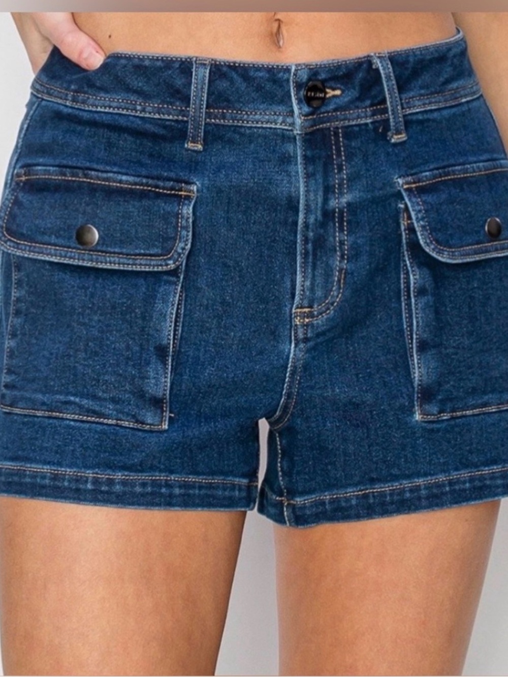 Risen Women's Dark Blue Cargo Pocket Denim Shorts